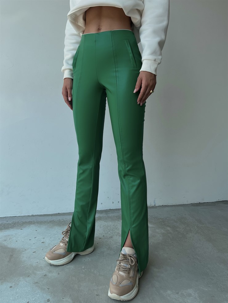 Önden Paçası Yırtmaçlı Connell Kadın Yeşil  Vegan Deri Pantolon 23K000072