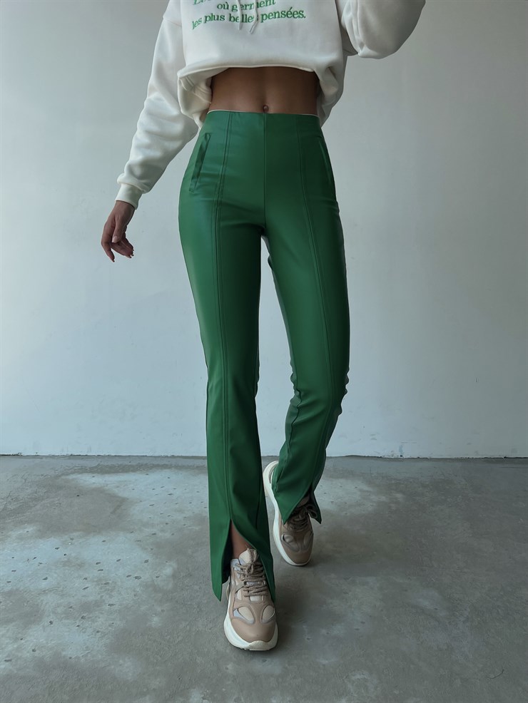 Önden Paçası Yırtmaçlı Connell Kadın Yeşil  Vegan Deri Pantolon 23K000072