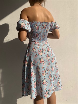 Çiçekli Açık Omuz Önden Yırtmaçlı Rose Kadın Mavi Elbise 21Y000490