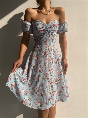 Çiçekli Açık Omuz Önden Yırtmaçlı Rose Kadın Mavi Elbise 21Y000490