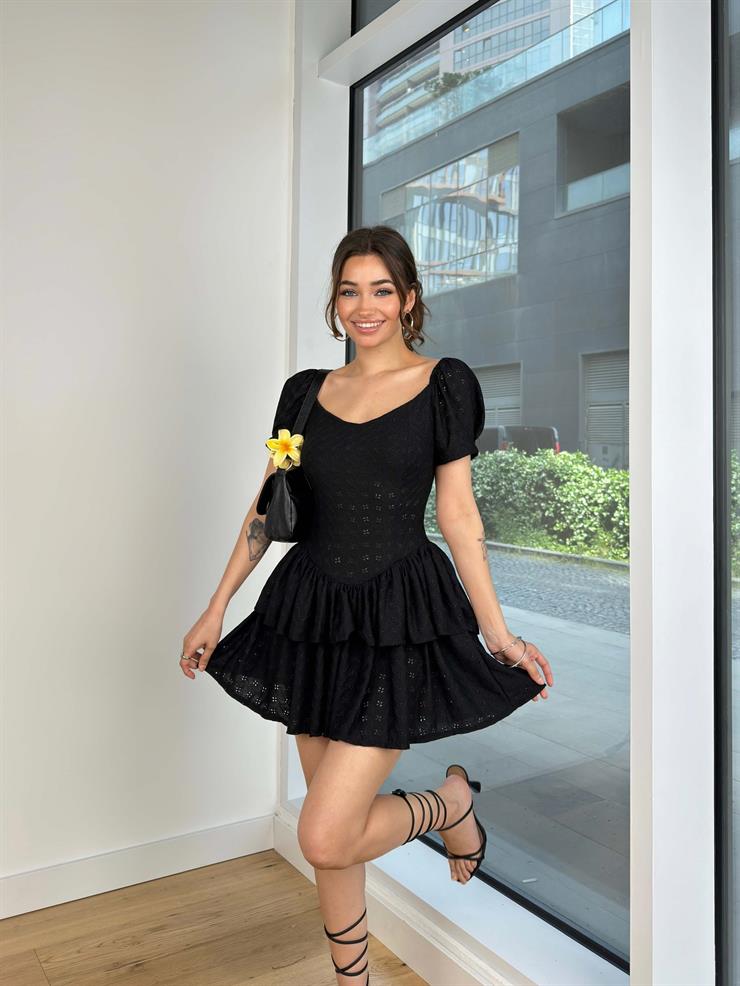 Kısa Balon Kol Eteği Katlı Ondrej Kadın Siyah Mini Elbise 24Y600