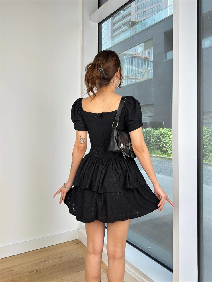 Kısa Balon Kol Eteği Katlı Ondrej Kadın Siyah Mini Elbise 24Y600