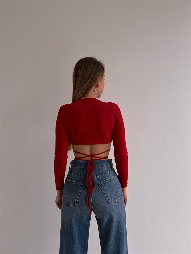 Öndü Bağcıklı Cenie Kadın Kırmızı Crop Bluz 22K000475