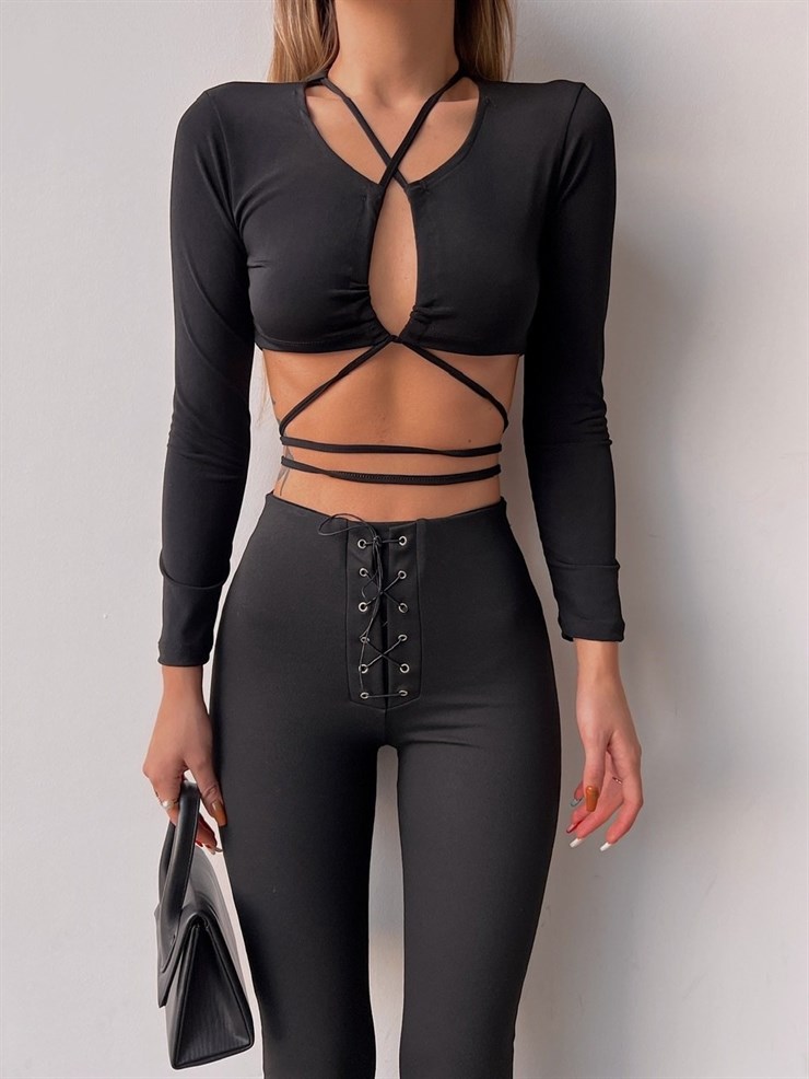 Öndü Bağcıklı Cenie Kadın Siyah Crop Bluz 22K000475