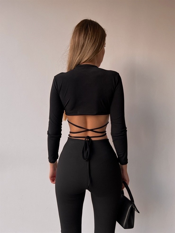 Öndü Bağcıklı Cenie Kadın Siyah Crop Bluz 22K000475