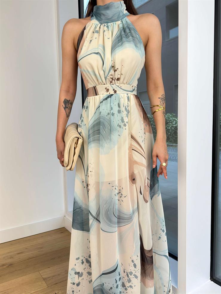 Boğazlı Kolsuz Belden Oturtmalı Oney Kadın Mint Maxi Elbise 24Y592