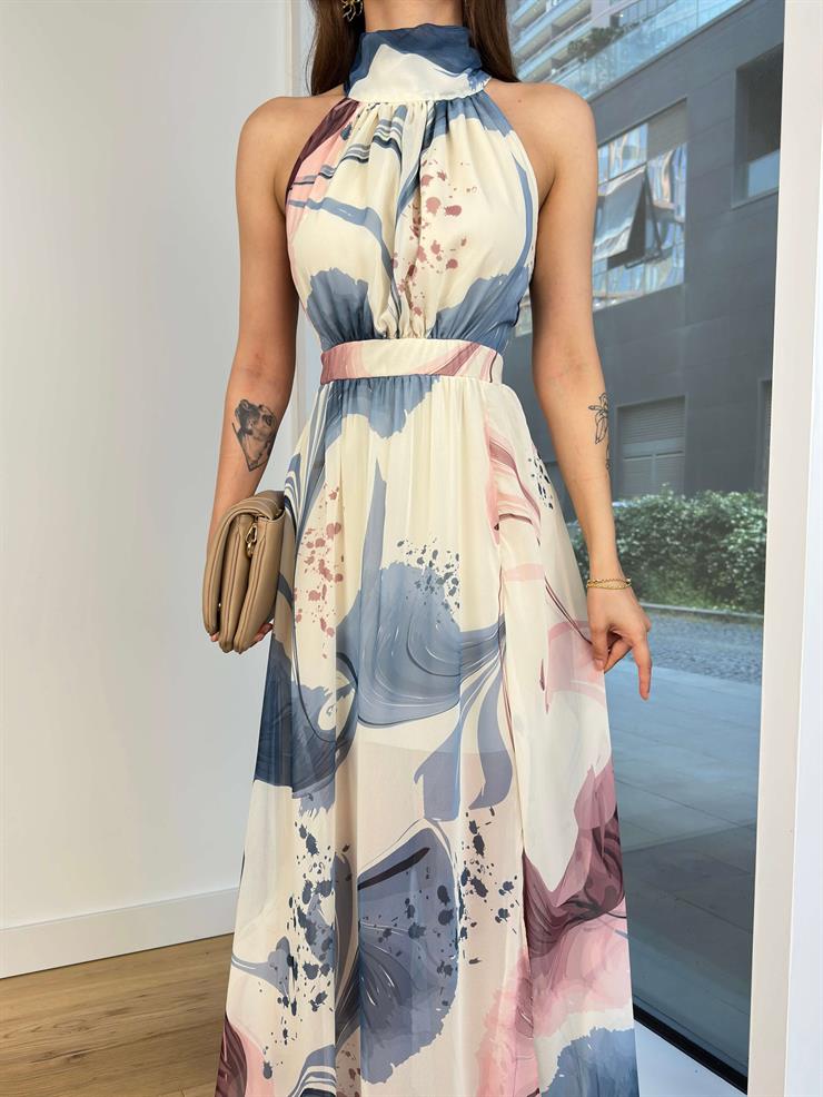 Boğazlı Kolsuz Belden Oturtmalı Oney Kadın Pembe Maxi Elbise 24Y592