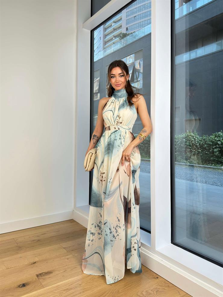 Boğazlı Kolsuz Belden Oturtmalı Oney Kadın Mint Maxi Elbise 24Y592