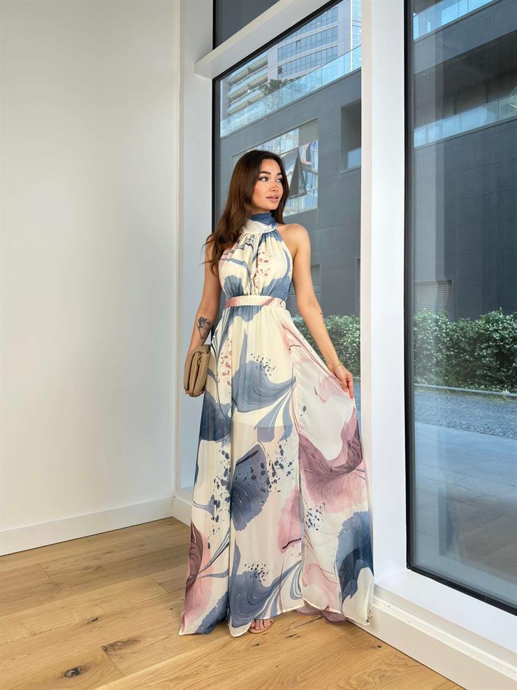 Boğazlı Kolsuz Belden Oturtmalı Oney Kadın Pembe Maxi Elbise 24Y592