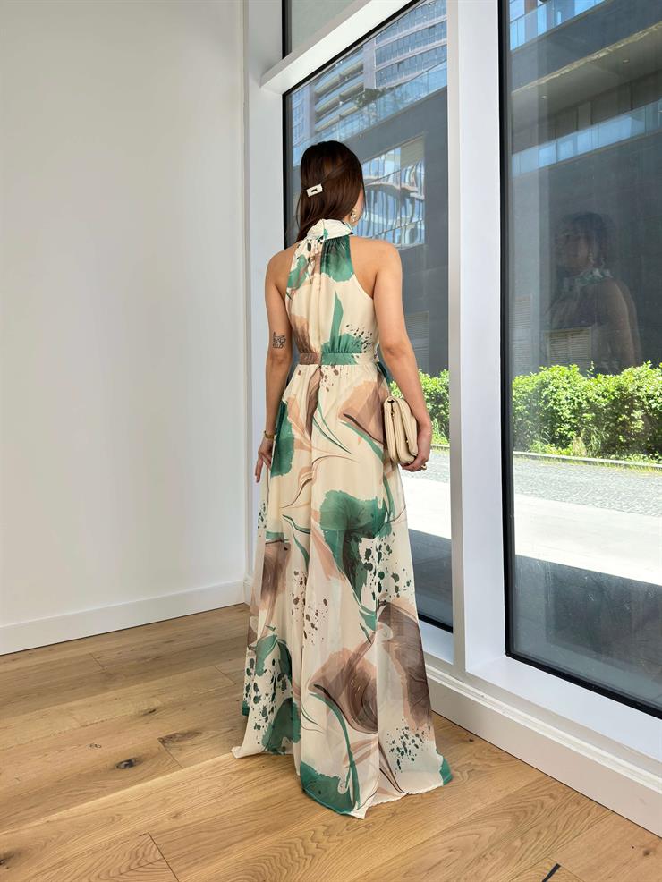 Boğazlı Kolsuz Belden Oturtmalı Oney Kadın Yeşil Maxi Elbise 24Y592