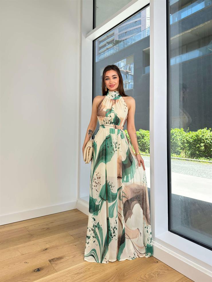 Boğazlı Kolsuz Belden Oturtmalı Oney Kadın Yeşil Maxi Elbise 24Y592