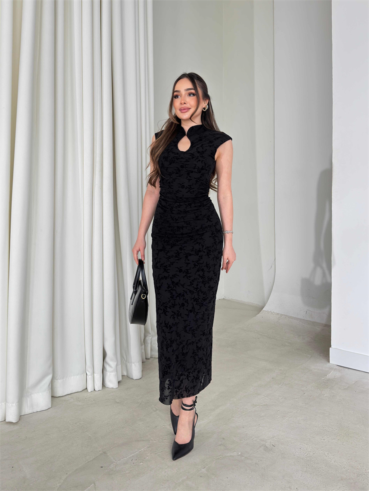 Boyundan Düğmeli Pencere Detaylı Belden Oturtmalı Midi Siyah Oniber Kadın Elbise 26Y082