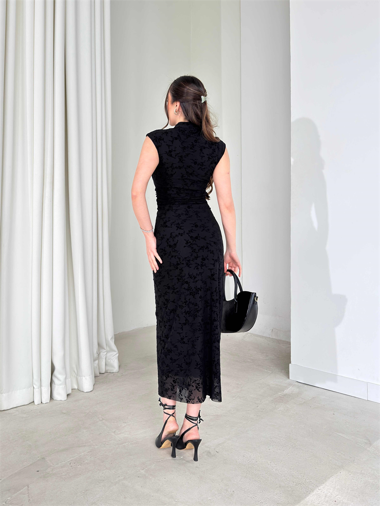 Boyundan Düğmeli Pencere Detaylı Belden Oturtmalı Midi Siyah Oniber Kadın Elbise 26Y082