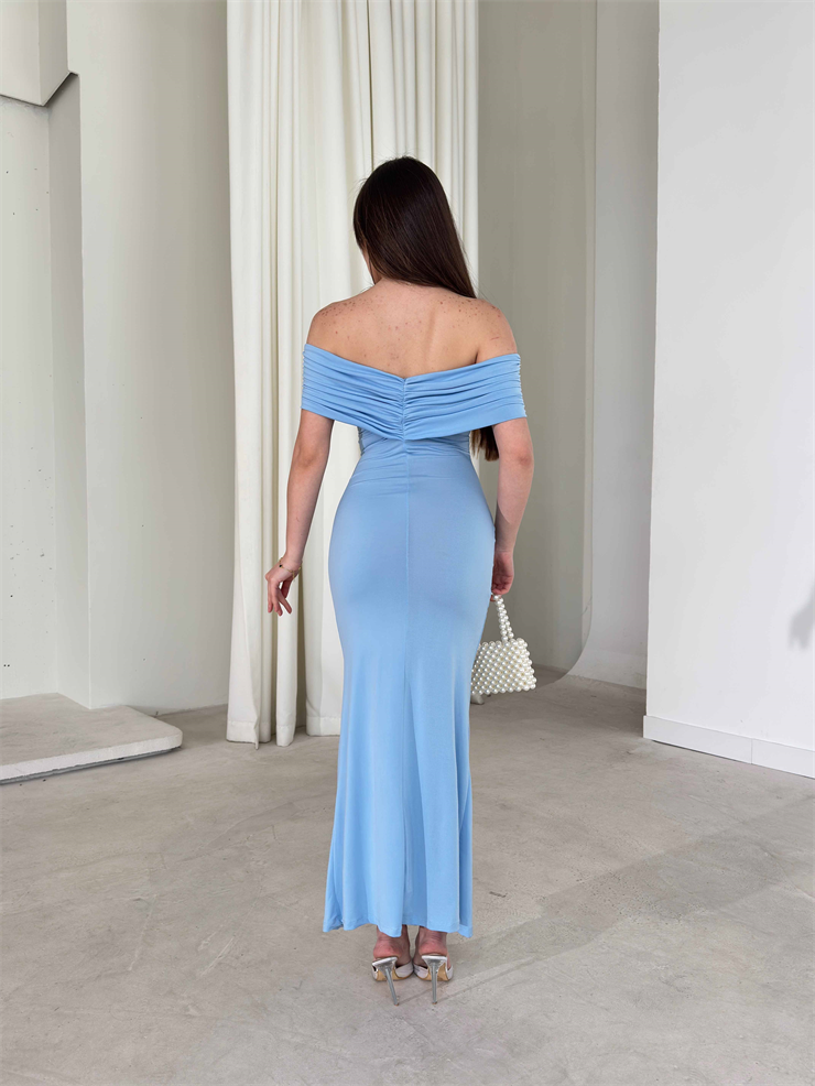 Madonna Yaka Drape Detaylı Yırtmaçlı Midi Mavi Onlim Kadın Elbise 26Y083