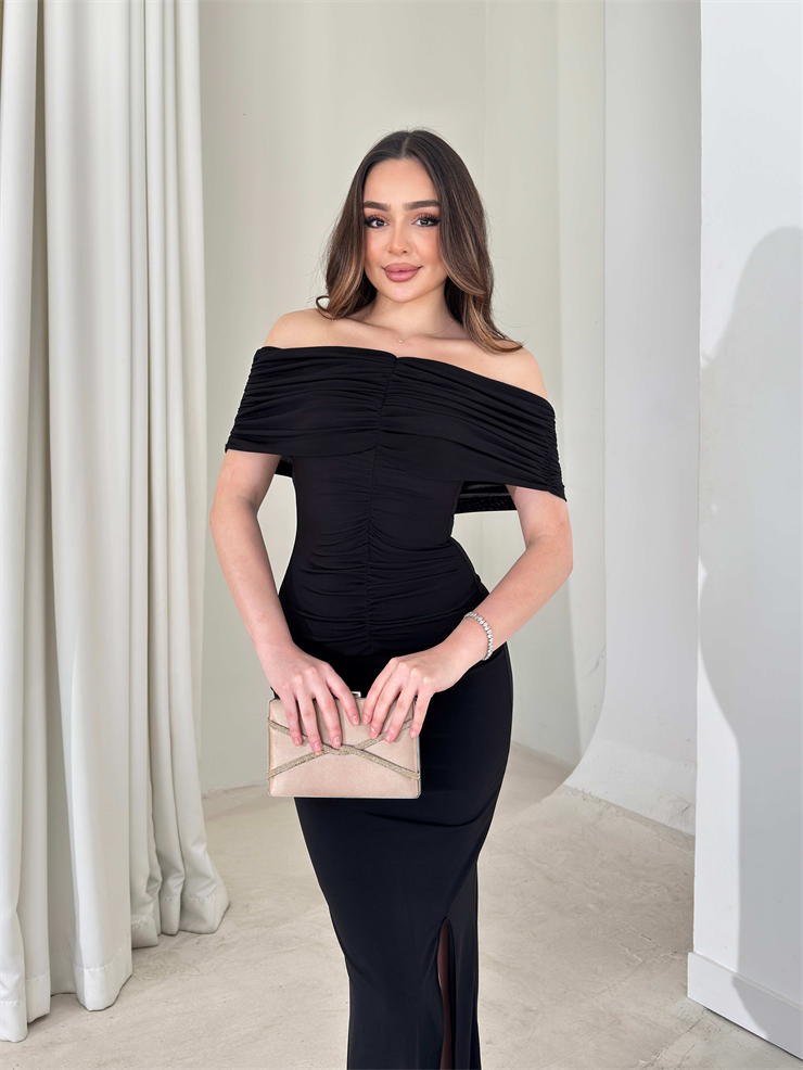 Madonna Yaka Drape Detaylı Yırtmaçlı Midi Siyah Onlim Kadın Elbise 26Y083