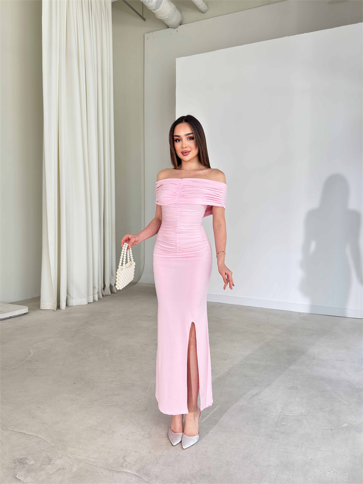 Madonna Yaka Drape Detaylı Yırtmaçlı Midi Pembe Onlim Kadın Elbise 26Y083