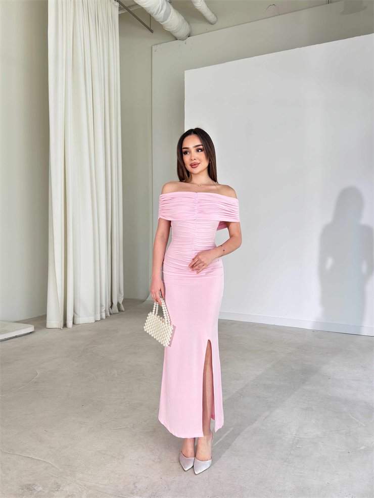 Madonna Yaka Drape Detaylı Yırtmaçlı Midi Pembe Onlim Kadın Elbise 26Y083