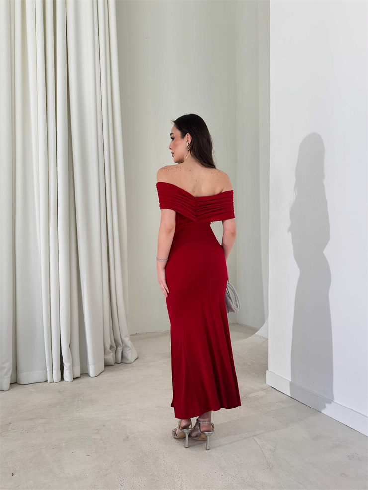 Madonna Yaka Drape Detaylı Yırtmaçlı Midi Kırmızı Onlim Kadın Elbise 26Y083