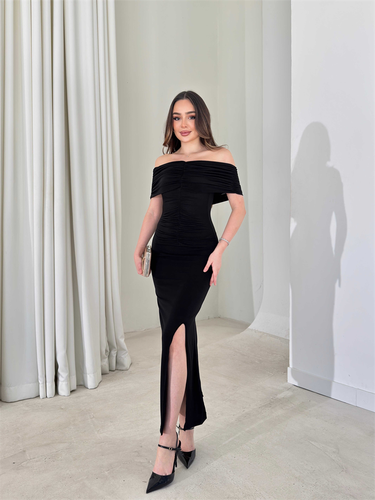 Madonna Yaka Drape Detaylı Yırtmaçlı Midi Siyah Onlim Kadın Elbise 26Y083