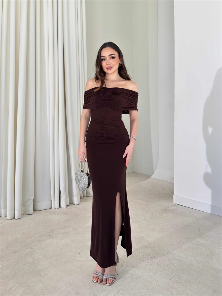 Madonna Yaka Drape Detaylı Yırtmaçlı Midi Kahverengi Onlim Kadın Elbise 26Y083