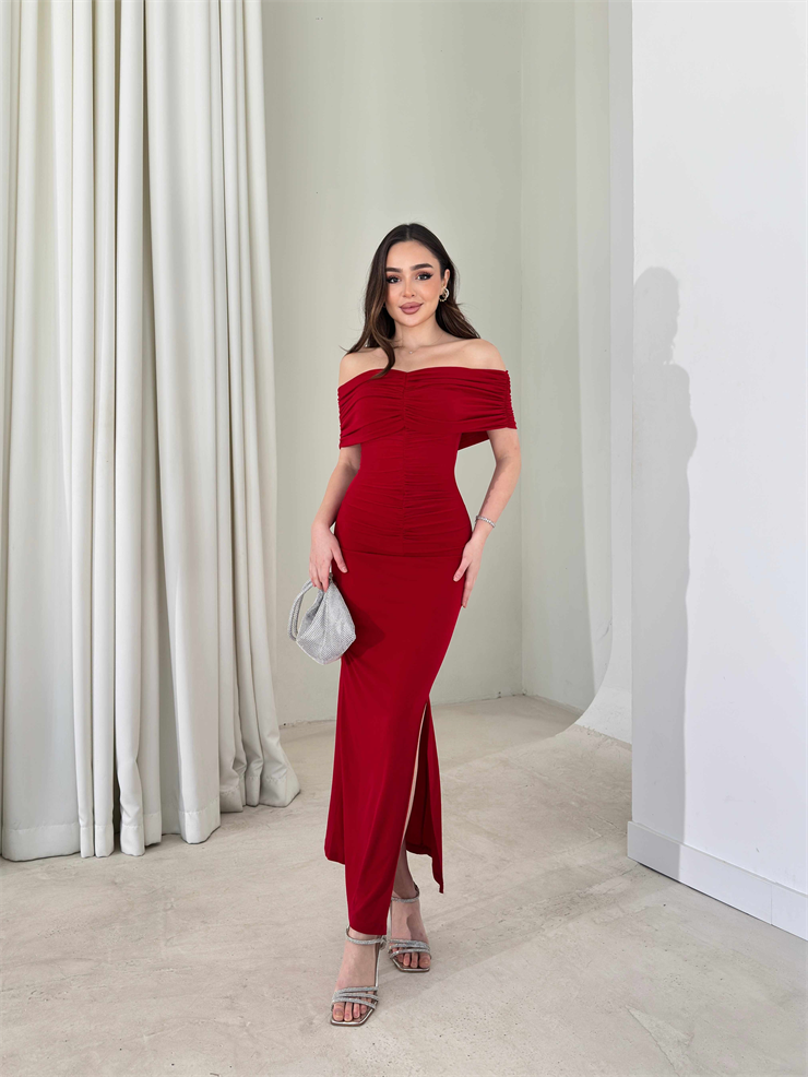 Madonna Yaka Drape Detaylı Yırtmaçlı Midi Kırmızı Onlim Kadın Elbise 26Y083