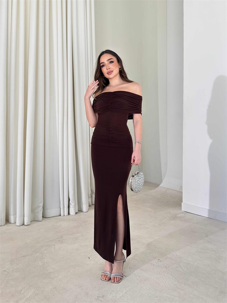 Madonna Yaka Drape Detaylı Yırtmaçlı Midi Kahverengi Onlim Kadın Elbise 26Y083