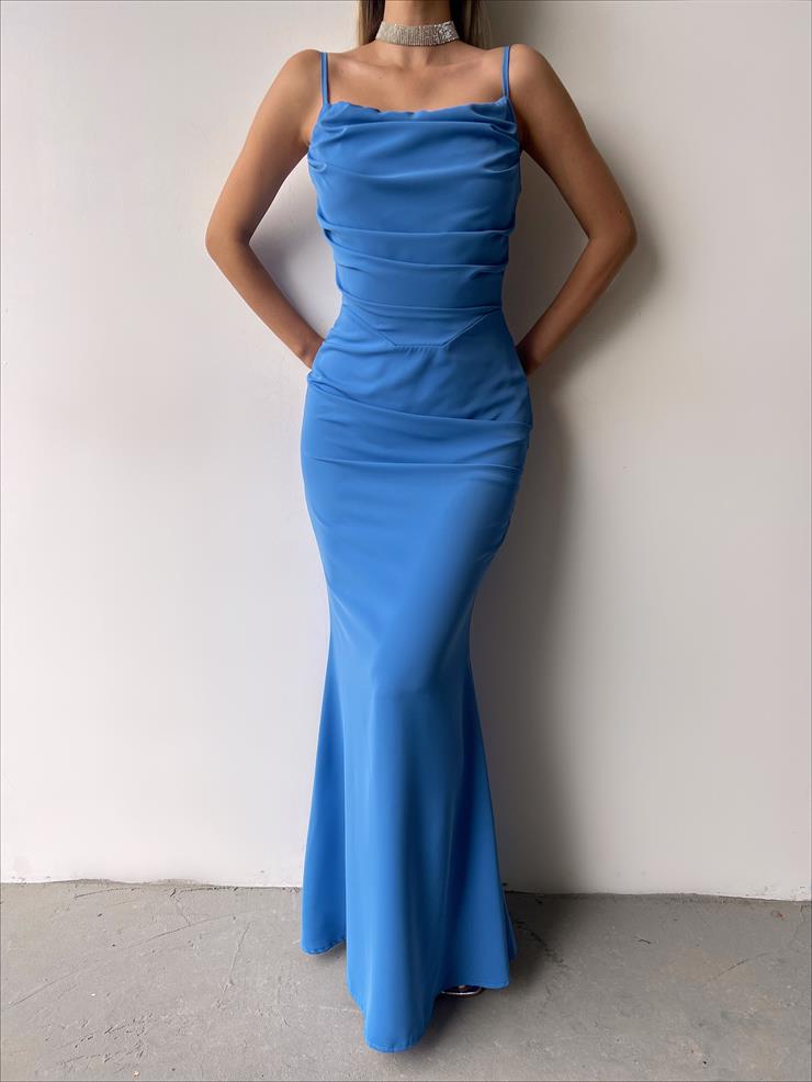 Askılı Yaka Dökümlü Ön kısmı Drape Detaylı Ontembaar Kadın Mavi Elbise 23Y000237