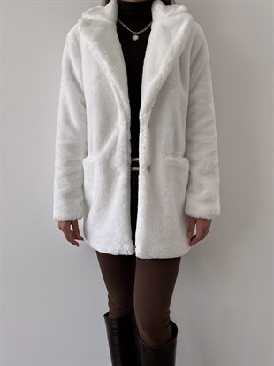 Önü Çıtçıt Kapamalı Yanları Cepli Audrey Kadın Beyaz Peluş Mont 22K000252