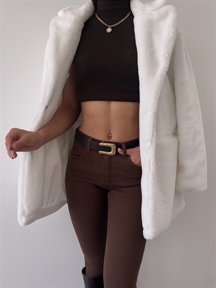 Önü Çıtçıt Kapamalı Yanları Cepli Audrey Kadın Beyaz Peluş Mont 22K000252