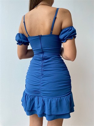 Önü Düğüm Detaylı Fırfırlı Kadın Mavi Mini Elbise 21Y000436