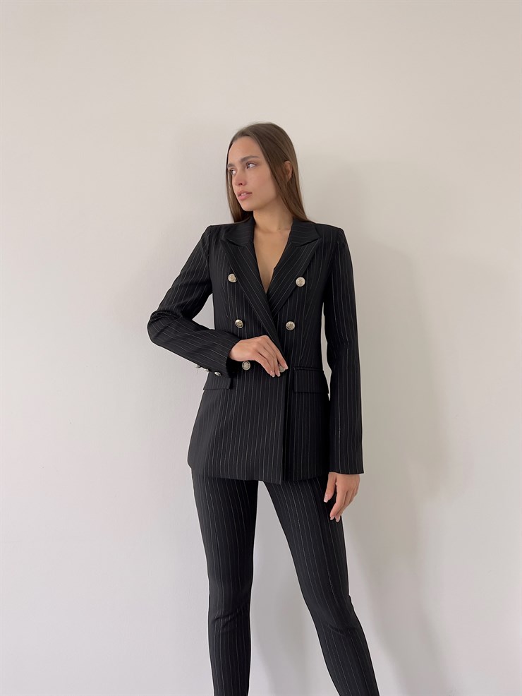 Önü Düğme Detaylı Çizgili Arita Kadın Siyah Pantolon 23K000168