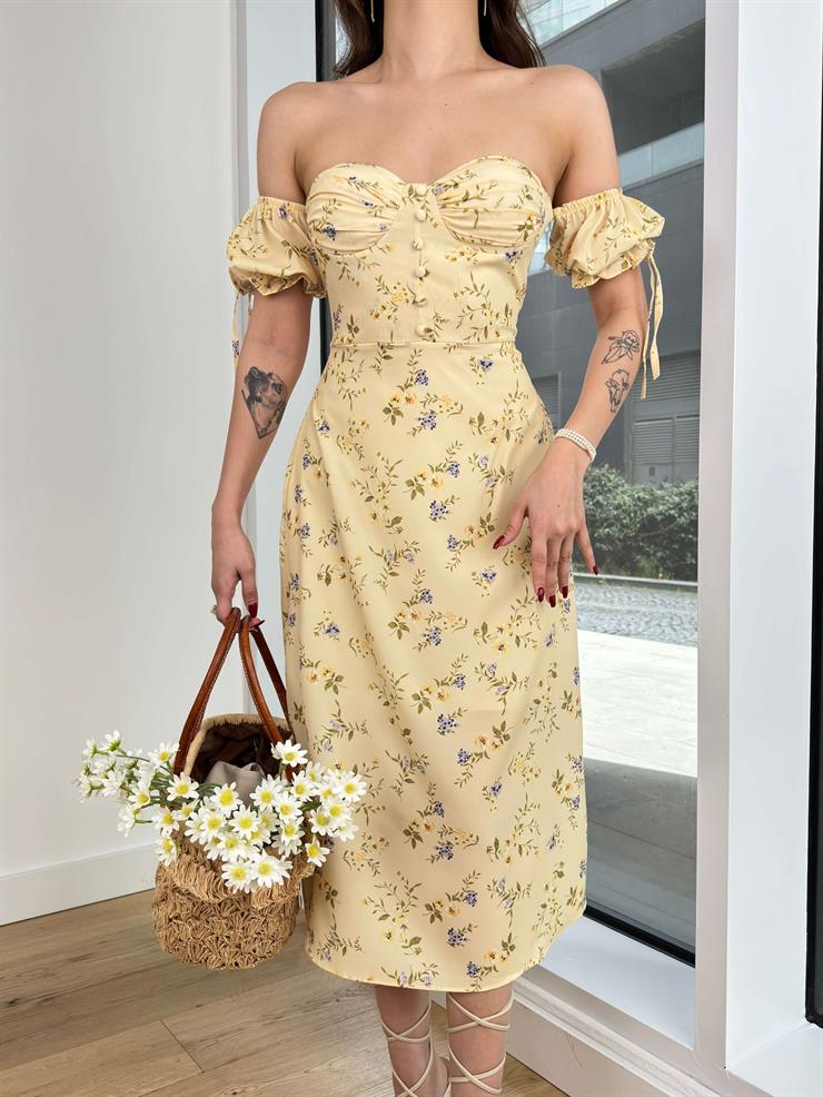 Önü Düğme Detaylı Düşük Lastikli Kol Josem Kadın Sarı Çiçekli Elbise 23Y000205