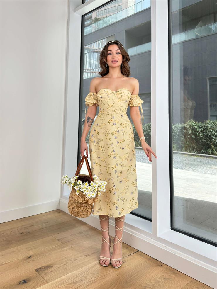 Önü Düğme Detaylı Düşük Lastikli Kol Josem Kadın Sarı Çiçekli Elbise 23Y000205