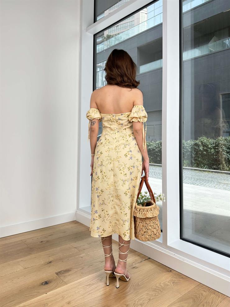 Önü Düğme Detaylı Düşük Lastikli Kol Josem Kadın Sarı Çiçekli Elbise 23Y000205