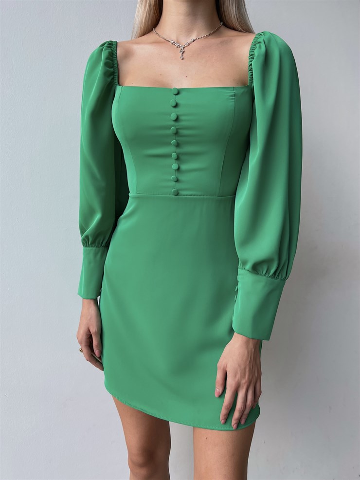 Önü Düğme Detaylı Kare Yaka Balon Kol Liberato Kadın Yeşil Mini Elbise 23K000101