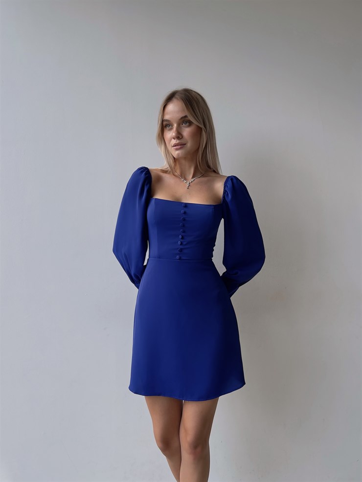 Önü Düğme Detaylı Kare Yaka Balon Kol Liberato Kadın Saks Mini Elbise 23K000101