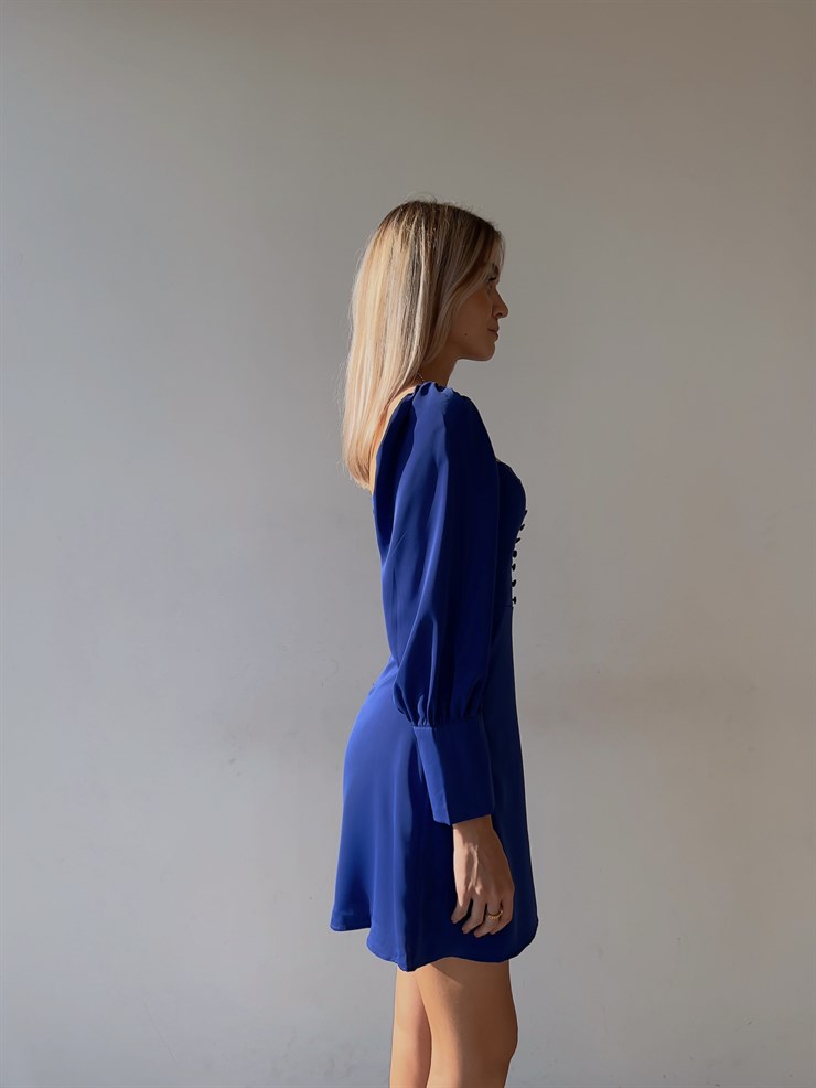 Önü Düğme Detaylı Kare Yaka Balon Kol Liberato Kadın Saks Mini Elbise 23K000101