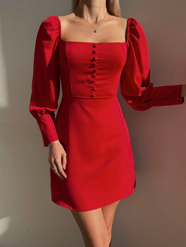 Önü Düğme Detaylı Kare Yaka Balon Kol Liberato Kadın Kırmızı Mini Elbise 23K000101