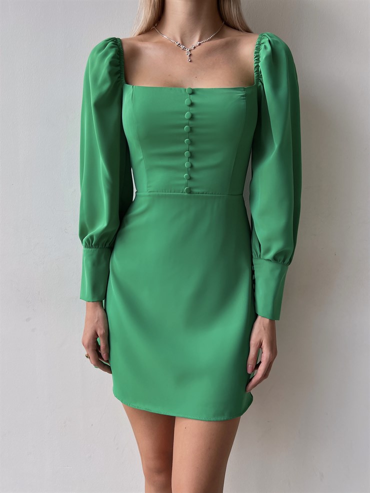Önü Düğme Detaylı Kare Yaka Balon Kol Liberato Kadın Yeşil Mini Elbise 23K000101
