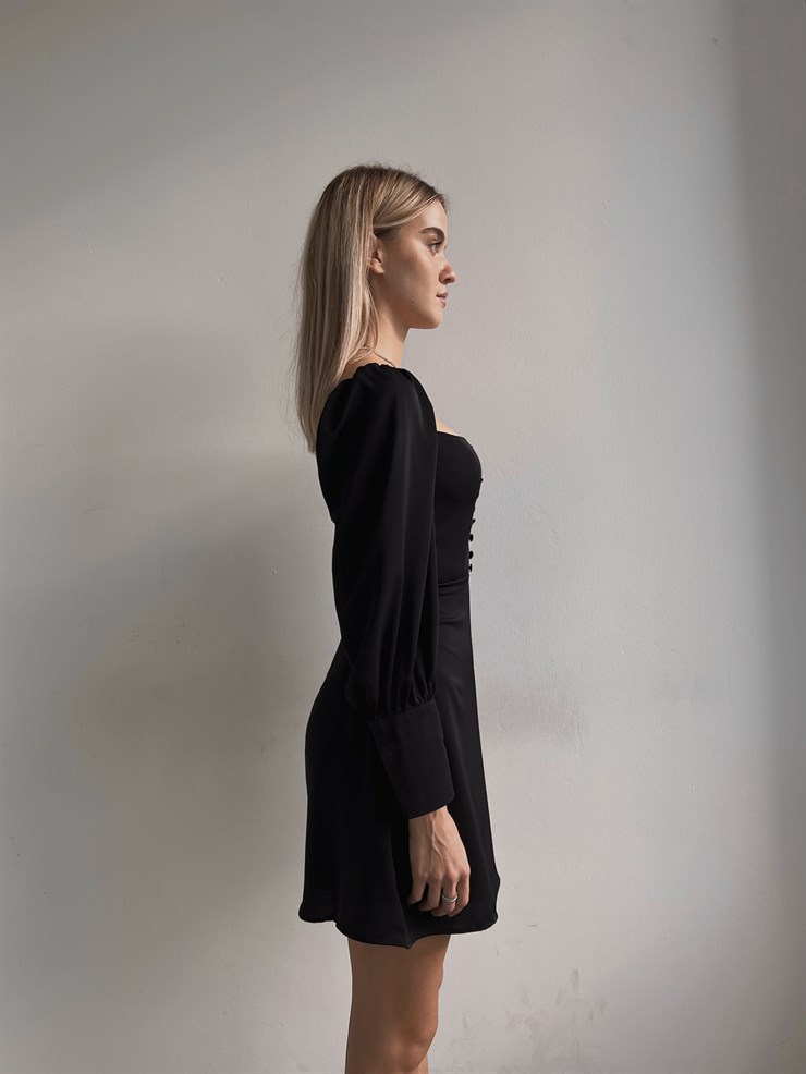 Önü Düğme Detaylı Kare Yaka Balon Kol Liberato Kadın Siyah Mini Elbise 23K000101