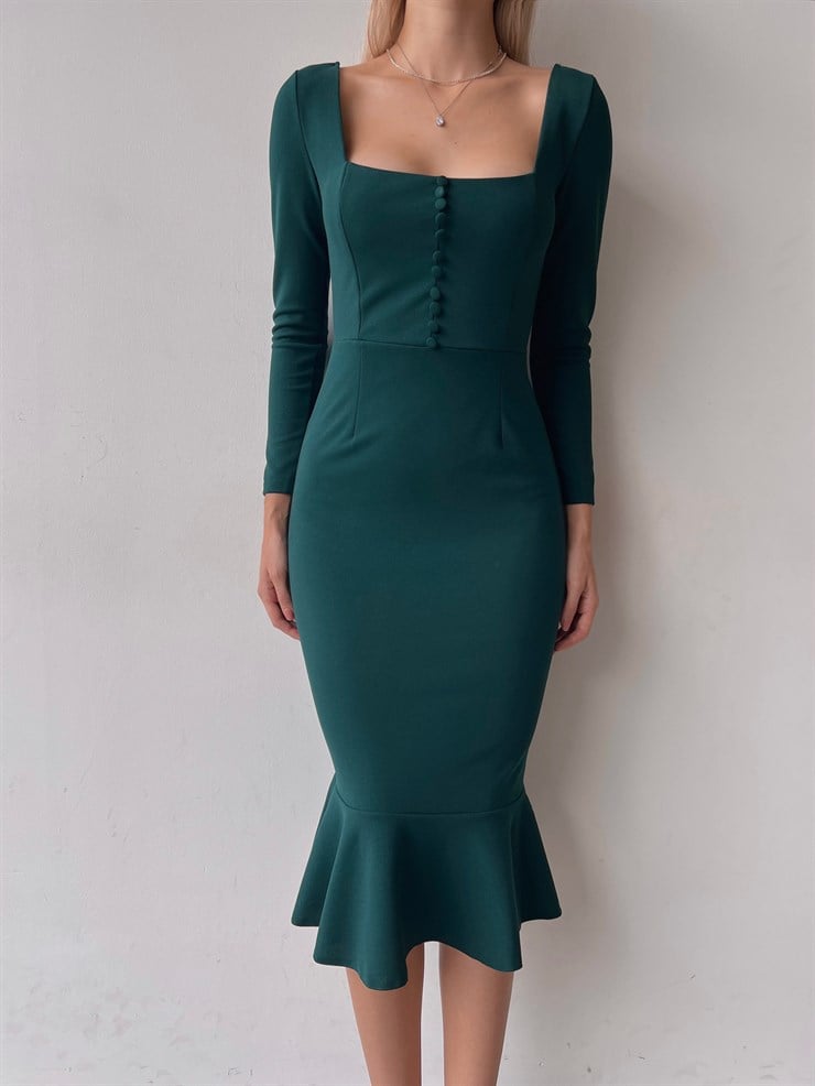 Önü Düğme Detaylı Kare Yaka Etek Ucu Fırfırlı Joceus Kadın Zümrüt Midi Boy Elbise 23K000098