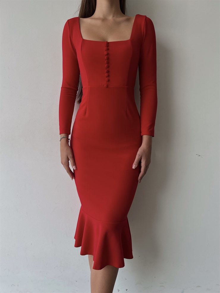 Önü Düğme Detaylı Kare Yaka Etek Ucu Fırfırlı Joceus Kadın Kırmızı Midi Boy Elbise 23K000098