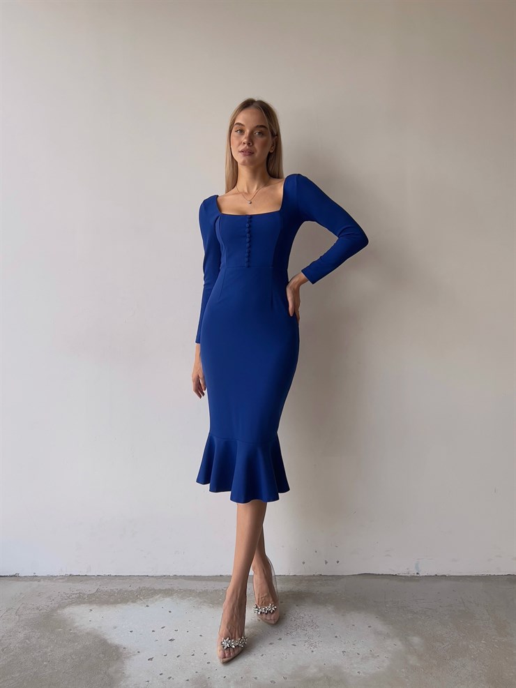 Önü Düğme Detaylı Kare Yaka Etek Ucu Fırfırlı Joceus Kadın Saks Midi Boy Elbise 23K000098