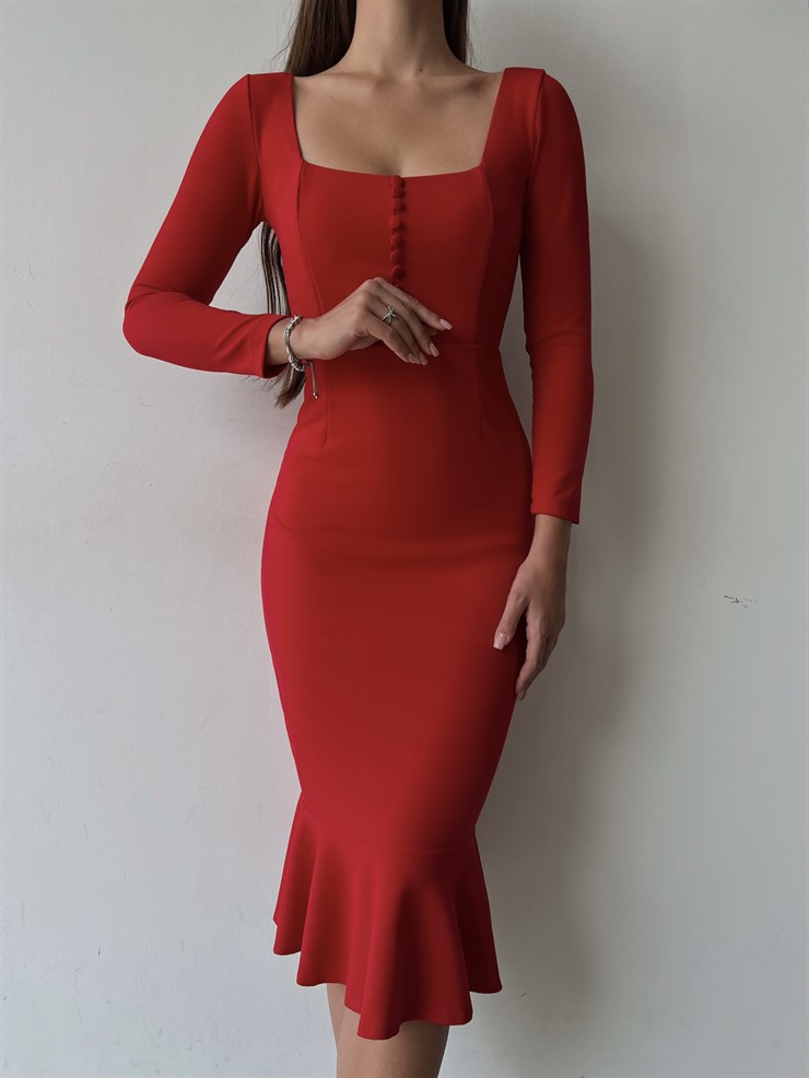 Önü Düğme Detaylı Kare Yaka Etek Ucu Fırfırlı Joceus Kadın Kırmızı Midi Boy Elbise 23K000098