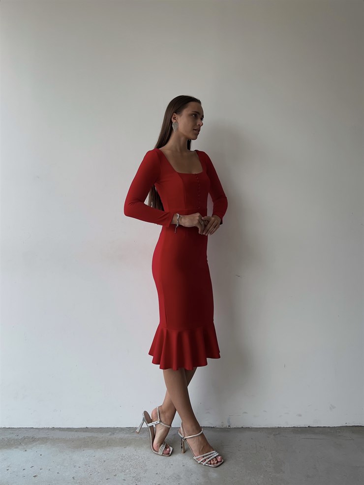 Önü Düğme Detaylı Kare Yaka Etek Ucu Fırfırlı Joceus Kadın Kırmızı Midi Boy Elbise 23K000098