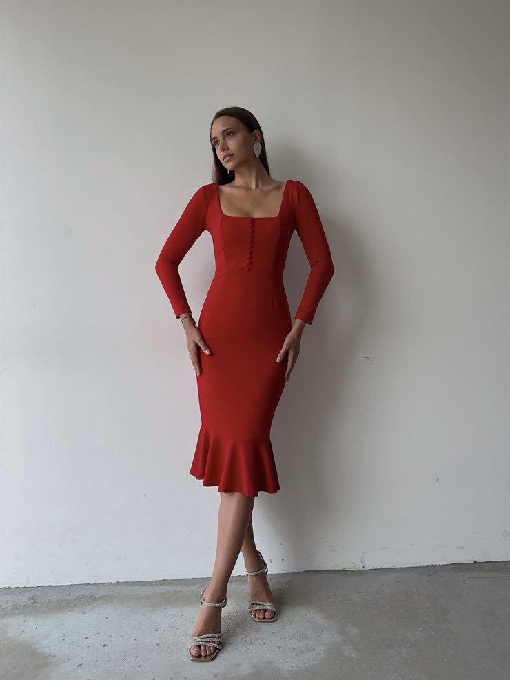 Önü Düğme Detaylı Kare Yaka Etek Ucu Fırfırlı Joceus Kadın Kırmızı Midi Boy Elbise 23K000098