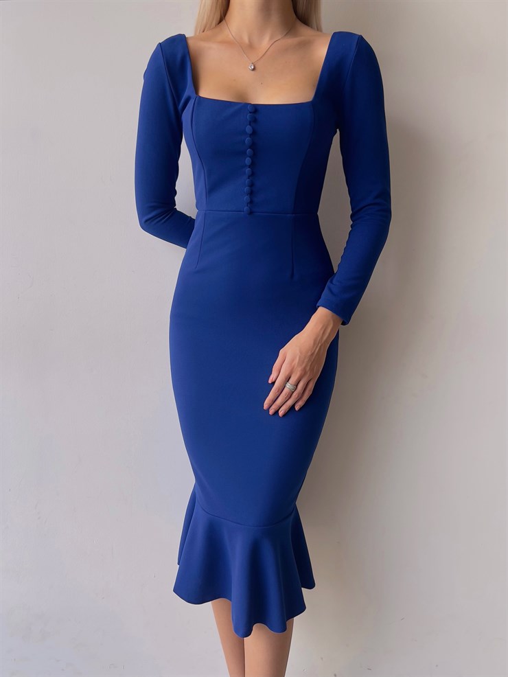 Önü Düğme Detaylı Kare Yaka Etek Ucu Fırfırlı Joceus Kadın Saks Midi Boy Elbise 23K000098