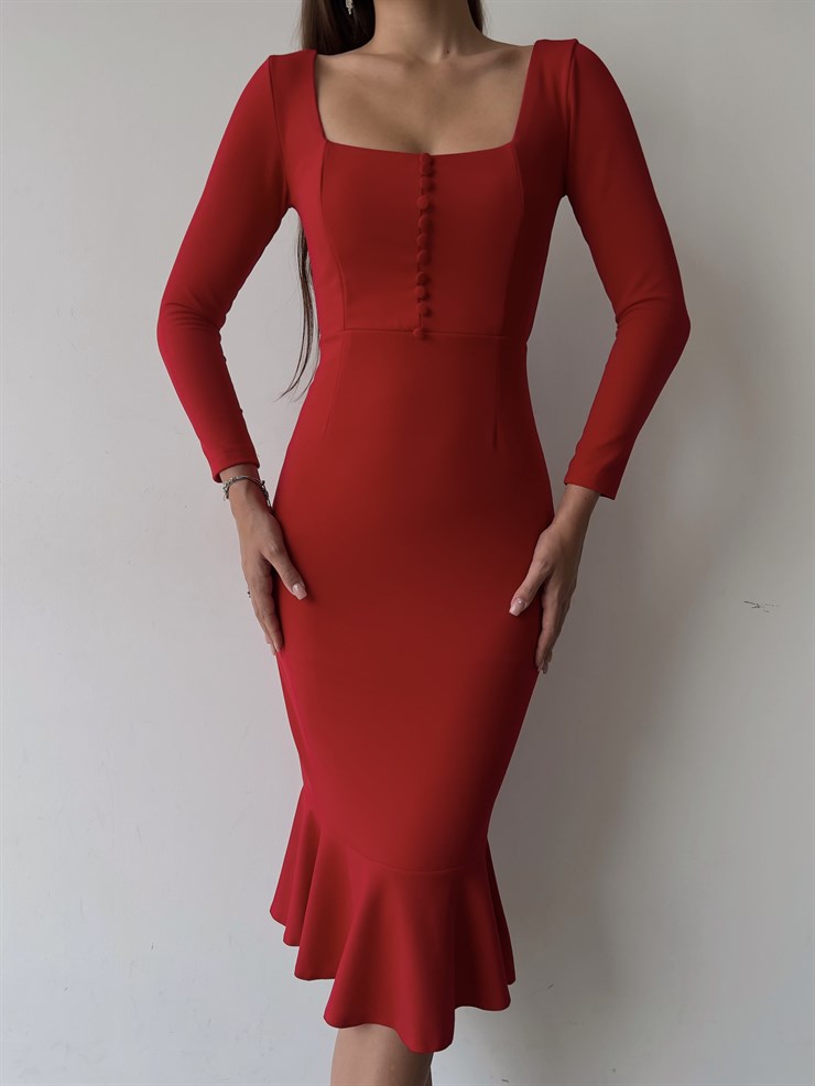 Önü Düğme Detaylı Kare Yaka Etek Ucu Fırfırlı Joceus Kadın Kırmızı Midi Boy Elbise 23K000098