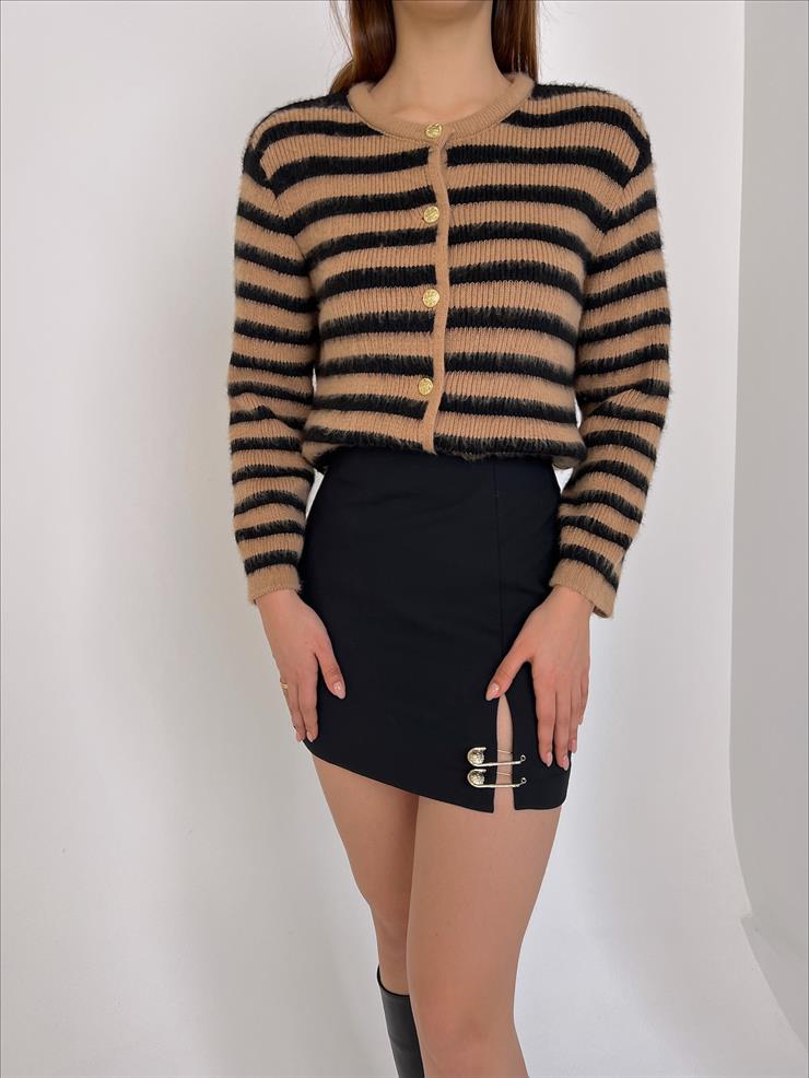 Önü Düğme Detaylı Saçaklı Zaire Kadın Kahve Çizgili Hırka 23Y000038