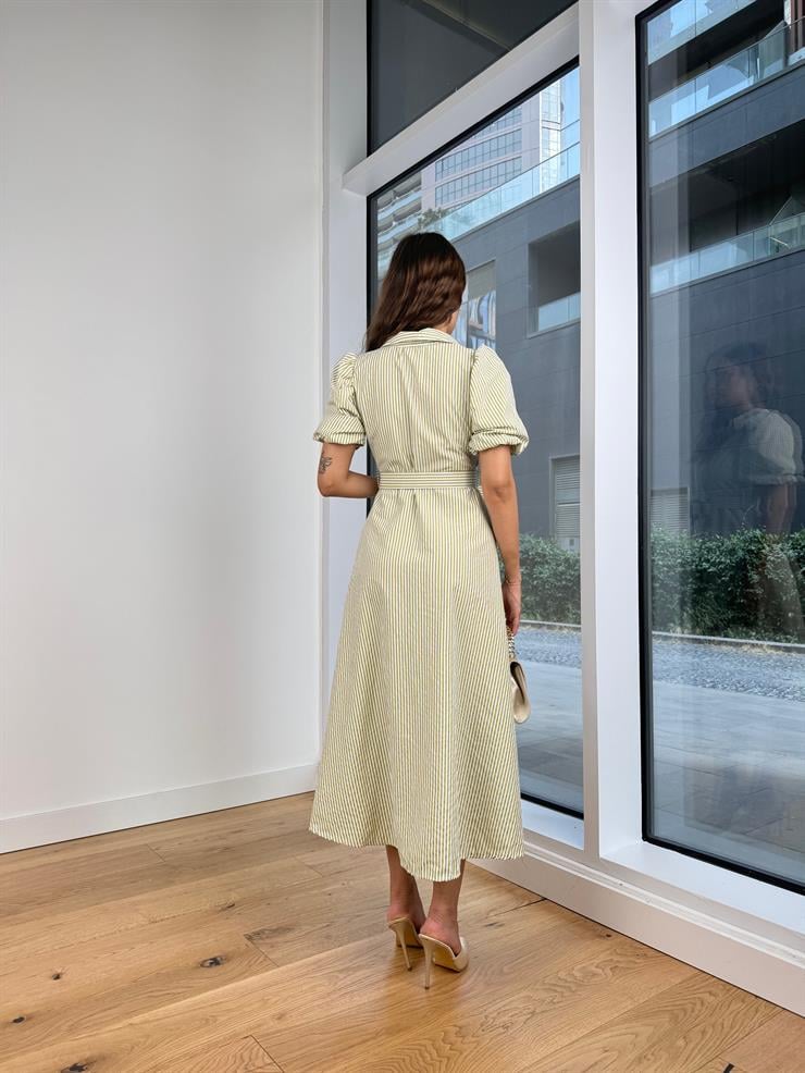 Önü Düğme Kapamalı Balon Kol Beli kemerli Erasto Kadın Çizgili Yeşil Elbise 24Y743